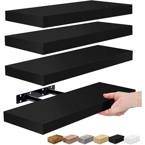 Sorbus Floating Shelves for Wall, 16" Black Bathroom Shelves Wall Mounted for Kitchen, Bedroom, Living Room, Bathroom Storage, Over Toilet, Hanging Book Shelf for Wall Home Decor (4 Pack)