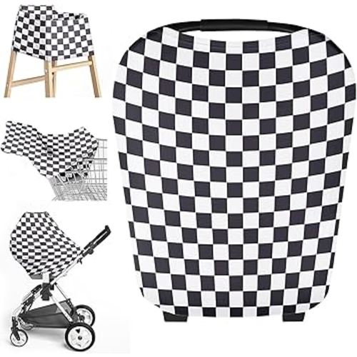 Little Jump Multi-use Baby Carseat Cover, Breathable Nursing Cover, High Stretchy Infant Carseat Canopy, Stroller Cover, Car Seat Covers for Bbies, Boys & Girls(Black Checkered)