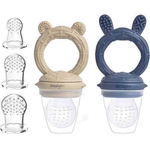 Baby Fresh Fruit Feeder Pacifier 2 Pack Food Grade BPA-Free Silicone Pouches and Nipples Infant Baby Teether Toy 3M+ (Khaki Bear & Cyan Blue Bunny)