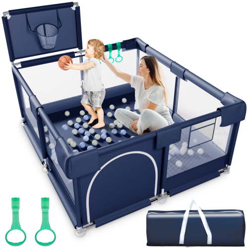 TEAYINGDE Baby Playpen, Play Yard, Baby Playards, 50"x50" Infant Travel Fence with Basket, Blue