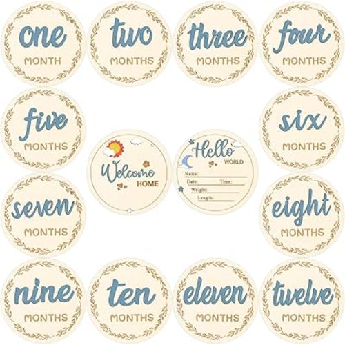 7pcs 3D Baby Monthly Milestone Signs with Hello World Newborn Sign, Baby Age Announcement Markers Disc, Wooden Milestone Cards for Photos, Slate Blue, 1-12 Months, 4"