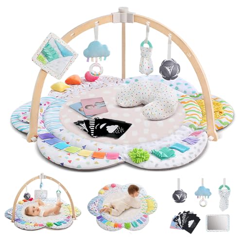 RAMOGIG Baby Play Gym & Activitiy Mat, Upgraded 6 Developmental Zones, Tummy Time Mat with Sensory Toys for Motor Skill & Sensory Development, Essentials Shower for Baby