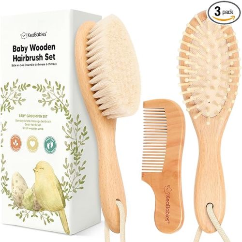 Baby Hair Brush Set for Newborns - Soft Goat Bristle Wooden Baby Brush and Comb Set Newborn Grooming Kit for Cradle Cap, Durable & Gentle, Boy, Girl Infant Essentials Care Kit Brush (Regular, Walnut)