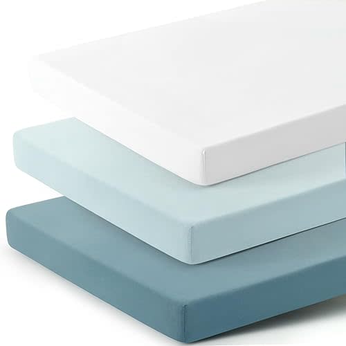 GRSSDER Mini Crib Sheets Fitted, Pack and Play Sheets 3 Pack, Ultra Soft Stretchy Pack N Play Sheets, Universal Fit for Playard Mattress, Jersey Crib Sheets Neutral for Boys and Girls, Blue