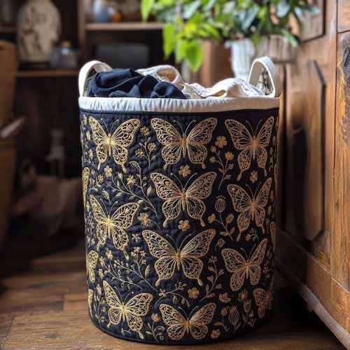 Butterflies Charm Quilted Laundry Basket: Butterfly Storage Bin, Cottagecore Clothes Hamper