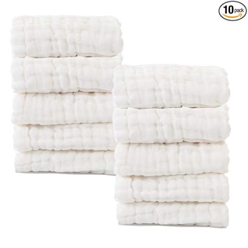 Baby Muslin Washcloths- Natural Cotton Wipes - Soft Newborn Face Towel for Sensitive Skin- Registry as Shower, 10 Pack 12x12 inches by MUKIN (White)