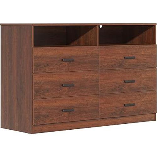 Bigbiglife 6 Drawers Dresser for Bedroom Wooden Drawer with Open Storage Cubby, Double Wide Dresser Organizer for Bedroom, Living Room, Entryway, Hallway (Walnut Brown)