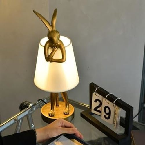 YHT Bunny Table Lamp,Cute Animal Rabbit Lamp,15.7" Vintage LED Desk Light with Linen Lampshade,Gold Main Part Beside Lamp for Bedroom/Office/Study Room/Home Decor (White)