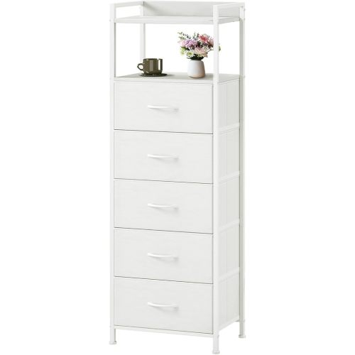 Somdot Tall Dresser for Bedroom, 5 Drawers Nightstand Vertical Storage Tower Unit, Night Stand Furniture with Fabric Drawer Organizer in Bedside Hallway, Entryway, Kids Room, Closet, White Leather