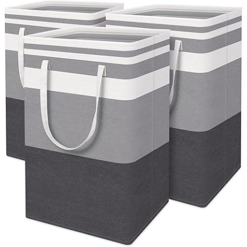 BlissTotes 3-Pack Laundry Basket, Freestanding&Waterproof Laundry Hamper, Collapsible Tall Clothes Hamper with Easy Carry Handles for Clothes, Towels in the Family and Dorm,Gradient Grey,75L