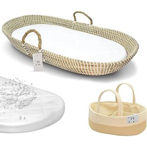 ZEAL'N LIFE Baby Changing Basket with Diaper Caddy & Waterproof Changing Pad Covers, Handmade Seagrass Moses Basket, Moses Basket for Babies & Newborn, Changing Basket Baby (Seagrass Basket)