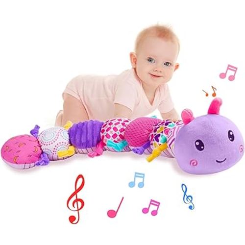 Baby Toy 0-12 Months,Baby Infant Musical Stuffed Animal Soft Toy with Multi-Sensory Crinkle, Rattle & Textures,Baby Girl Toy Birthday Gift,Caterpillar,Purple