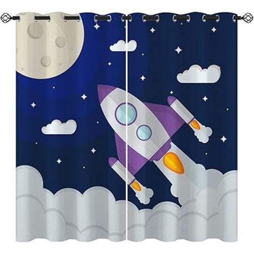 Cartoon Rocket Blackout Curtains for Girls Boy Home Decor, Space Galaxy Planets Adventure Blue Grommet Thermal Insulated Drapes Darkening Window Curtain for Bedroom Living Room, 42 x 63 Inch