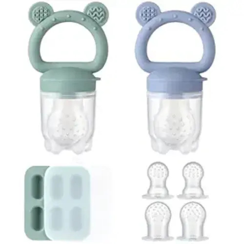 2 Pack Silicone Baby Fruit Feeder with Mini Freezer Tray, Breastmilk Popsicle Molds for Baby Teething Relief, Fresh Food Feeder for Safe Infant Self Feeding, Extra Food Pouches