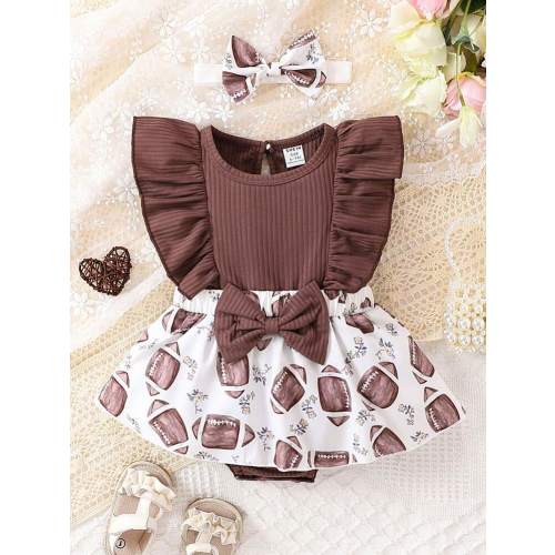 Baby Girl Olive Printed Bodysuit With Lace Trim And Hairband, Cute For Spring/Summer | SHEIN USA