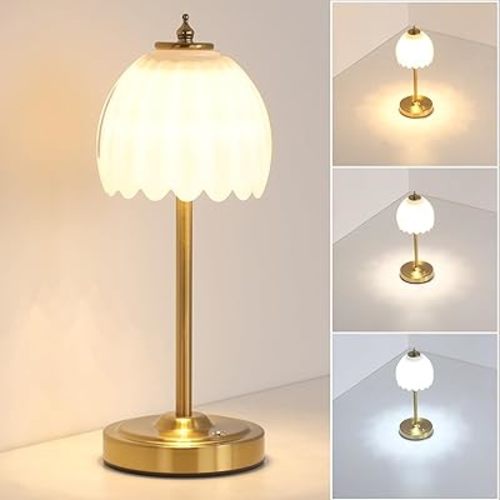 Tulip Table Lamp with 5000mAh Battery & Touch Control, Small Cordless Table Lamp with 3 Colors, Dimmable Rechargeable Battery Operated Table Lamps for Bedroom, Bedside, Desk (White Tulip)