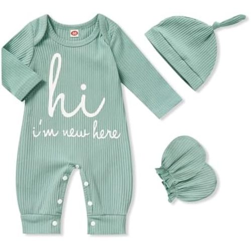 GRNSHTS Newborn Baby Boy Romper Coming Home Outfits Letter Print Bodysuit Jumpsuit+Hat+Gloves 3PCS Clothes Set