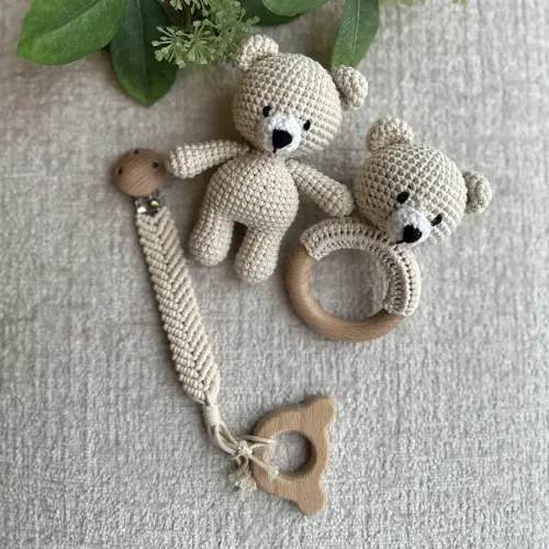 Organic Cotton Handmade Crotchet Bear Rattle, Toy, teether and Pacifier Holder Baby Shower/Birthday Gift Set.
