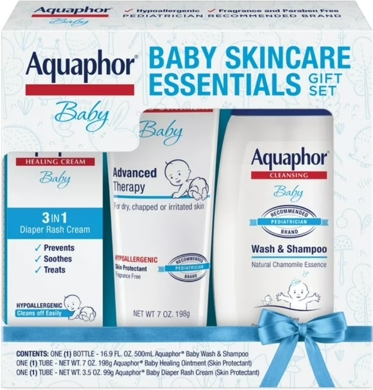Aquaphor Baby Set de Regalo de Esenciales para el Cuidado de la Piel con Gel de Baño para Bebé, Unguento y Crema para la Dermatitis Del Pañal, 3 Piezas