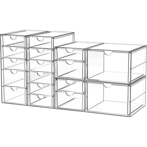Acrylic Makeup Organizer with 17 Drawers, 4 Pack Clear Bathroom Counter Organizer for Palettes, Cosmetic, and Beauty Supplies,Ideal for Vanity, Cabinet,Desk Organization