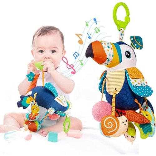 Jollybaby Musical Activity Pull String Hanging Toy for Baby Stroller Car Seat Crib Play Gym, Plush Stuffed Toucan Sensory Toys for Carseat with Music Teether Rattles, Baby Boys and Girls Gift