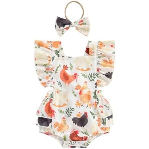 Gueuusu Baby Girl Summer Outfit Newborn Farm Chicken Print Ruffled Bodysuit Fly Sleeve Romper with Headband Vintage Outfits