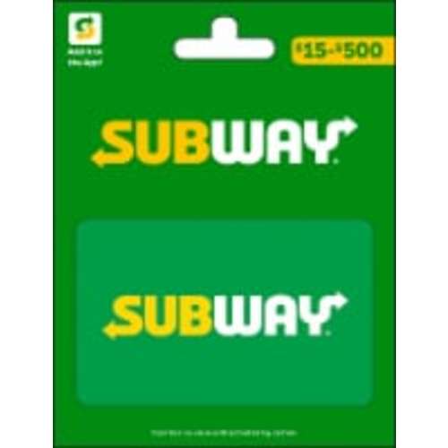 Subway $15-$500 Gift Card – Activate and add value after Pickup, $0.10 removed at Pickup