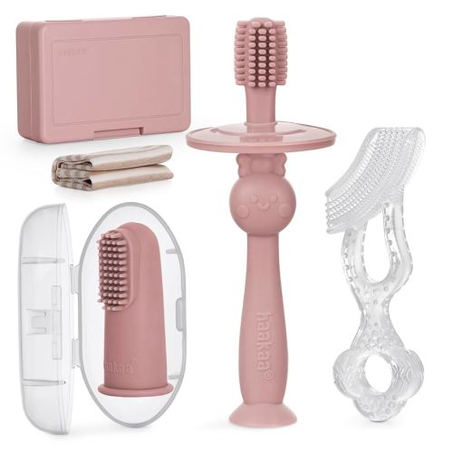 haakaa Training Toothbrush Set Oral Care Kit, Soft Silicone Toothbrush for Baby, Infants, Toddlers & Kids, Blush