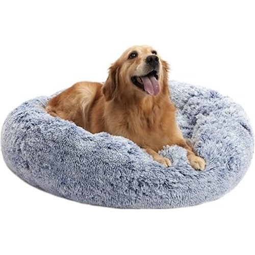 Bedfolks Calming Donut Dog Bed - 36 Inch Round Plush Beds for Large Dogs, Anti-Anxiety Machine Washable (Navy Blue, Large)