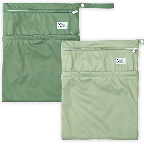 Nora's Nursery Wet Dry Bags with Two Zippered Pockets - Reusable and Washable Wet Bag for Swimming, Travel, Beach, Pool, Daycare, Cloth Diapers, Toiletries and Wet Swimsuits - 11x15 - Garden - 2 Pack