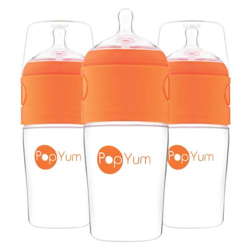 PopYum 9oz Anti-Colic Baby Bottle for Breast and Formula Feeding, 3-Pack, Orange, #2 Medium Flow Nipples