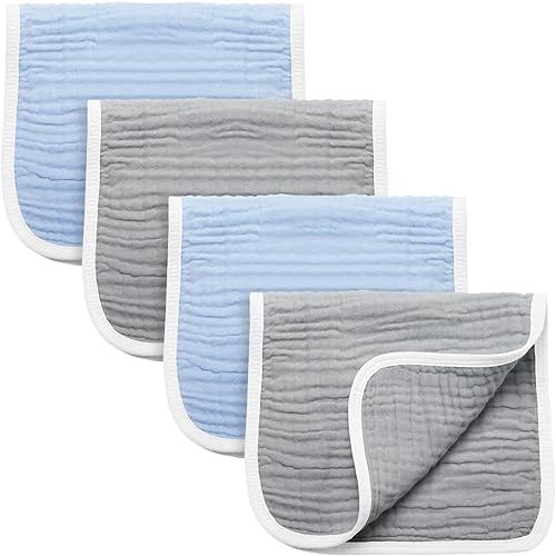 Synrroe Burp Cloths Large, Muslin Burp Cloths for Baby Girls and Boys, Pack of 4 Extra Absorbent and Soft Muslin Bibs, 6 Layers 20 by 10 Inches 100% Cotton (Blue-Grey 4 Pack)