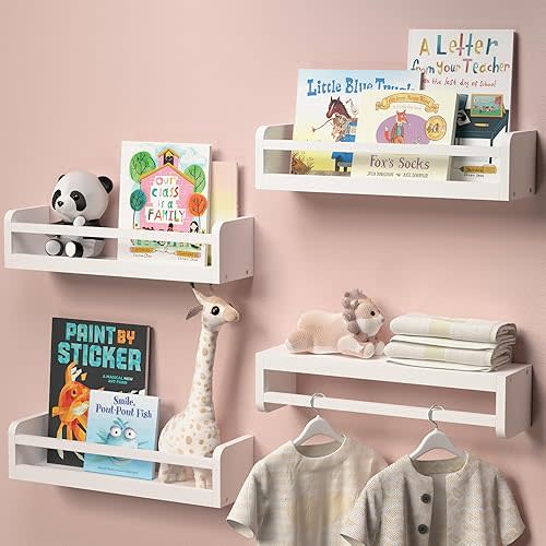Dual-Guard Nursery Book Shelves Set of 4, Wood Floating Shelves for Nursery Room Wall Decor, Wall Mount Kids Bookshelf for Baby Bedroom Storage, Toddler Toy Hanging Wall Organizer - White