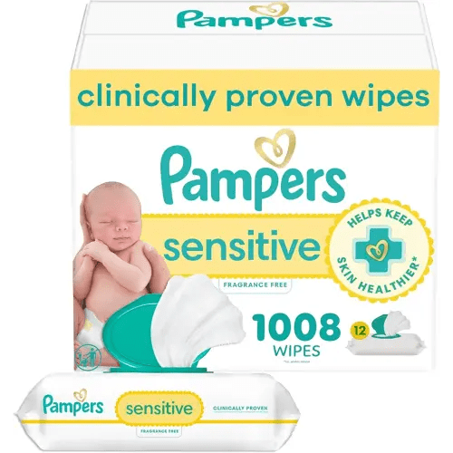 Pampers Baby Wipes, Sensitive, Water Based Wipe, Clinically Proven, Hypoallergenic, and Unscented for Babies, 1008 Wipes Total (12 Flip-Top Packs) [Packaging May Vary]