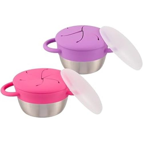 Elk and Friends Stainless Steel Snack Cups | Removable Silicone Food Catcher and Travel Lid | Spill-Proof Snack Containers for Baby, Toddler, Kids | Dishwasher Safe | 2 Pack