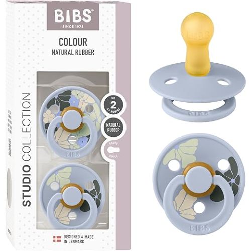 BIBS Pacifiers - Colour Studio 2 Pack | Round Nipple Baby Pacifier | BPA Free Natural Rubber Latex Soother | Made in Denmark | Size 0+ Months | Morning Bloom Dusty Blue