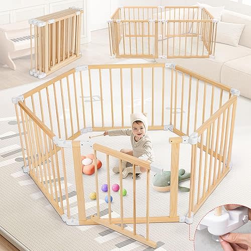 6 Panels Wooden Playpen for Babies and Toddlers, Large Size Foldable Baby Playpen,Adjustable Size and Shape Portable Play Yard, Easy to Assemble(56x28x24 Inch)