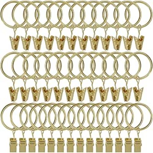 40 Pack Gold Curtain Rings with Clips, Curtain Hooks Hangers Clip Rings for Hanging Drapes Bows Hat, Drapery Rings 1.26 in I D, Fits up to 1 in Diameter Curtain Rod.