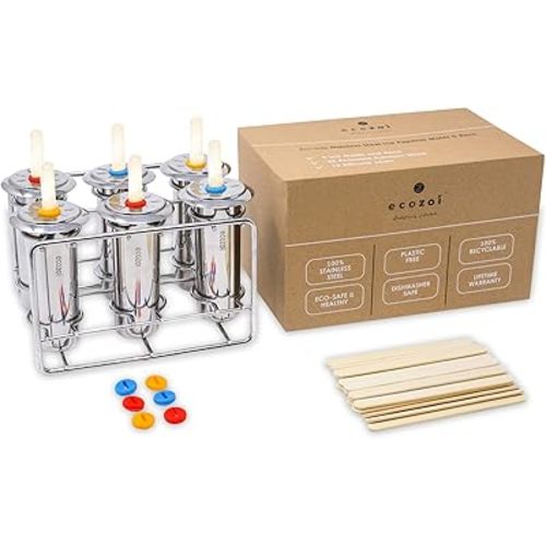 Stainless Steel Popsicle Molds, 6 Metal Ice Popsicle Makers, 30 Reusable Bamboo Sticks, 12 Silicone Seals and 1 Rack, Eco Popsicle Molds for Kids and Adults, 3 oz Per Mold (Round)