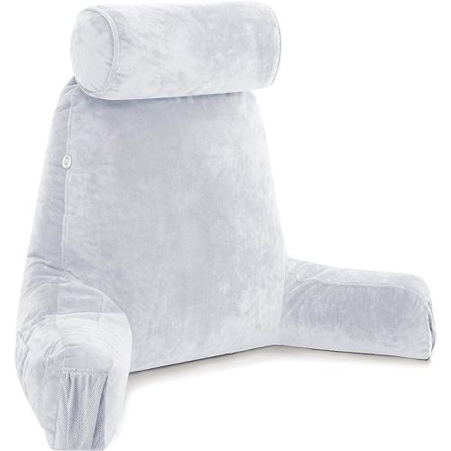 Husband Pillow Medium Light Grey, Backrest for Kids, Teens, Petite Adults - Reading Pillows with Arms, Adjustable Loft, Plush Memory Foam, Bed Rest Chair Sitting Up, Detach Neck Roll, Removable Cover