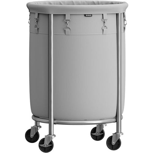 SONGMICS Laundry Basket with Wheels, Rolling Laundry Hamper, 29 Gal., Round Laundry Cart with Steel Frame and Removable Bag, 4 Casters and 2 Brakes, Gray and Silver URLS002G01