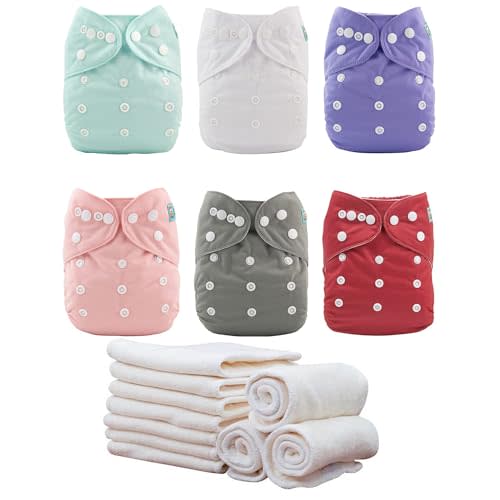 ALVABABY Baby Cloth Diaper 6 Pack with 12 Inserts One Size Cloth Diaper Covers Adjustable Washable Reusable for Baby Girls and Boys