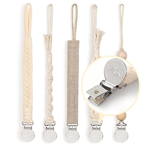 YMVV Modern Pacifier Clips for Boys and Girls,Handmade Braided Rope Unisex Design Universal Paci Clip Fits Most Pacifier Styles 5 Pack