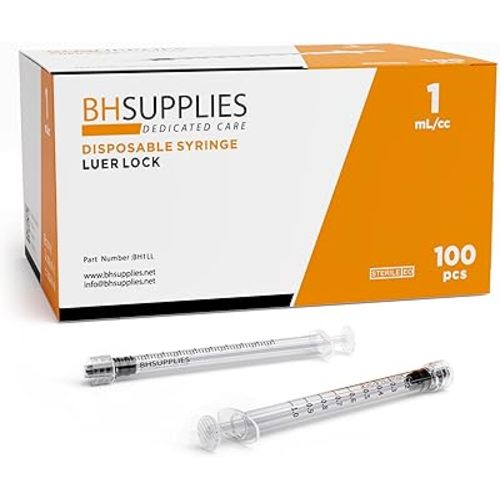 BH Supplies 1ml Luer Lock Tip Syringes (No Needle) - Sterile, Individually Wrapped - 100 Syringes