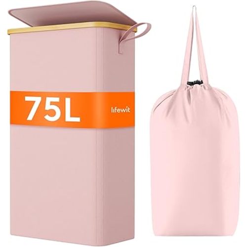 Lifewit 75L Slim Laundry Hamper with Lid, Narrow Laundry Basket with Removable Bag & Bamboo Handles, Fodable Thin Dirty Clothes Hamper for Laundry Collapsible Bin for Bathroom Bedroom Dorm, Pink
