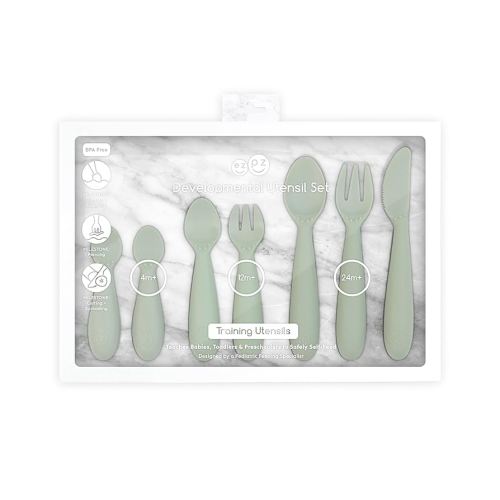ezpz Developmental Utensil Set - 100% BPA Free Fork, Spoon, Knife for Babies, Toddlers and Preschool First Foods + Self-Feeding - Designed by a Pediatric Feeding Specialist (Sage)