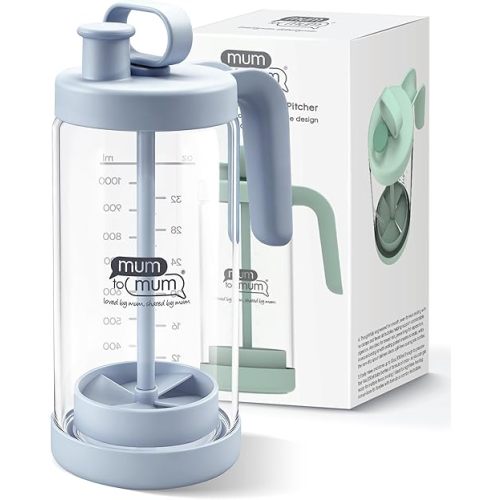 MUM TO MUM 32oz Glass Formula Mixing Pitcher, Microplastic-Free Design, Leak-Proof Breastmilk Storage with Silicone Seal, Dishwasher Safe & Thermal Shock Resistant (Light blue)