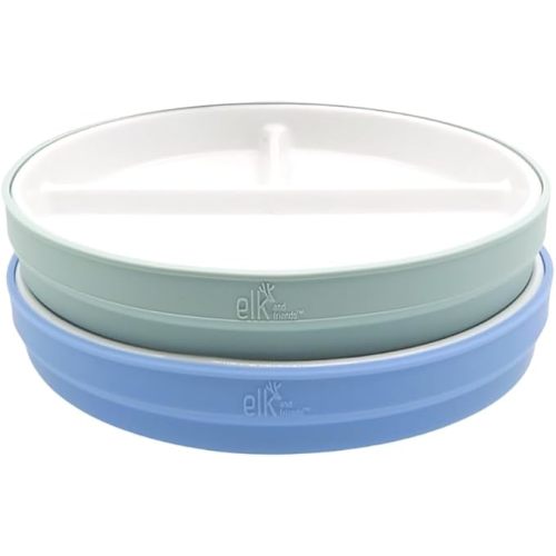 Elk and Friends Kids 7.8” Porcelain White Plates with Silicone Sleeves | Divided Plates | Suitable for Kids/Toddlers | Microwave & Dishwasher Safe | Non Slip | Snack Dishes…