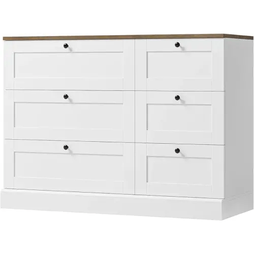 HOSTACK 6 Drawer Dresser, White Dresser for Bedroom, Wood Chest of Drawers, Wide Double Dresser, Modern Farmhouse Drawer Chest for Living Room, Hallway, Entryway, White/Rustic Brown