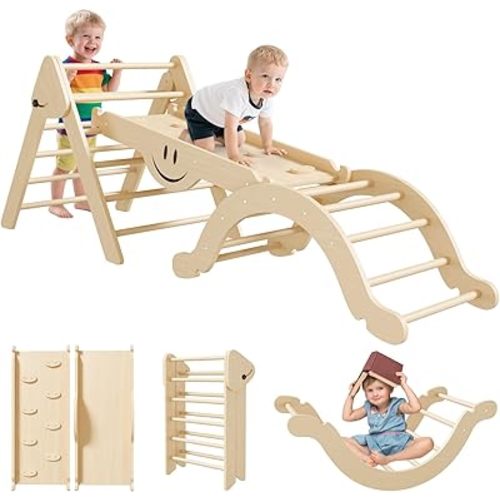 BIERUM Pikler Triangle Set - 8 in 1 Toddler Climbing Toys Indoor Wooden, Montessori Pickler Climbing Set with Ramp, Foldable Baby Climbing Gym, Natural